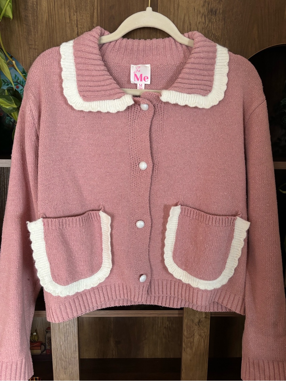 Pink Cropped Knit Cardigan with Contrast Trim